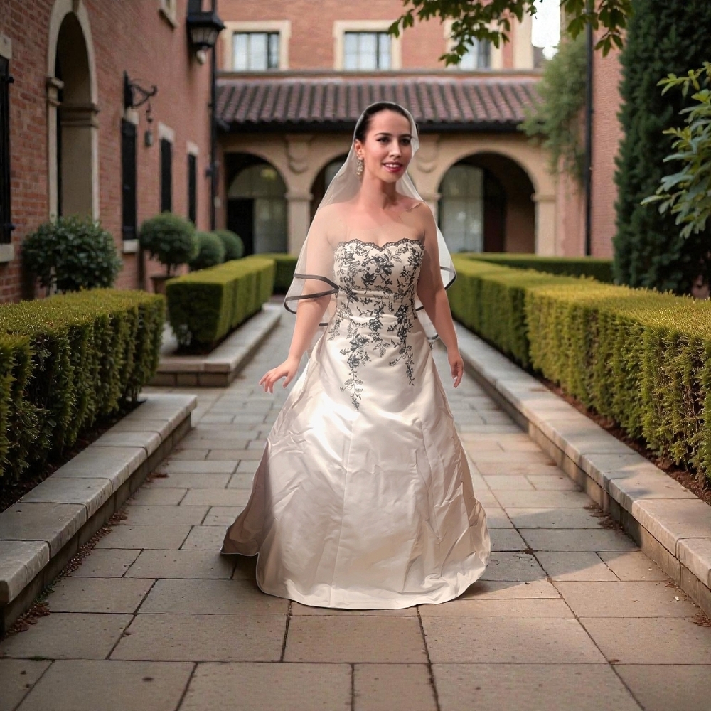David's Bridal White and Black Embellished Wedding Gown